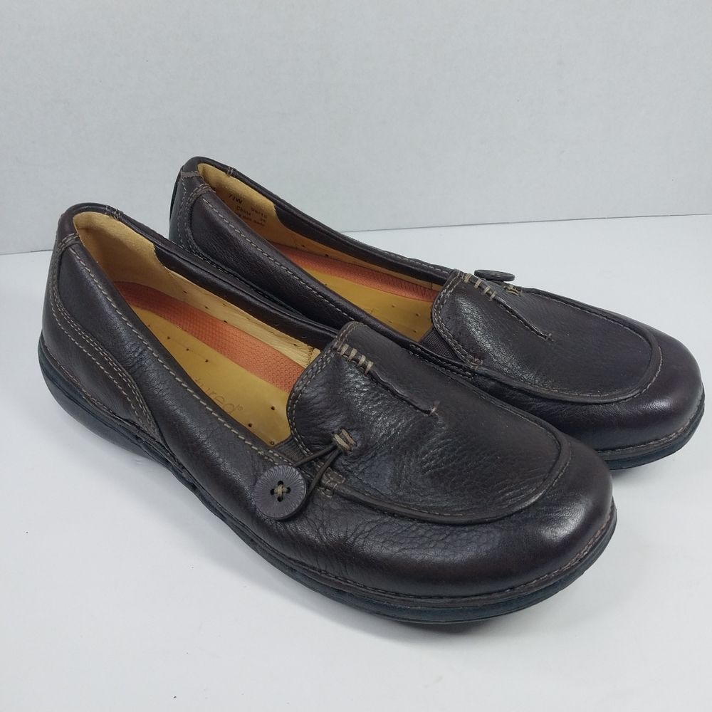 Clarks Unstructured Size 7.5 W Leather Brown Button Twee Style Loafers Shoes